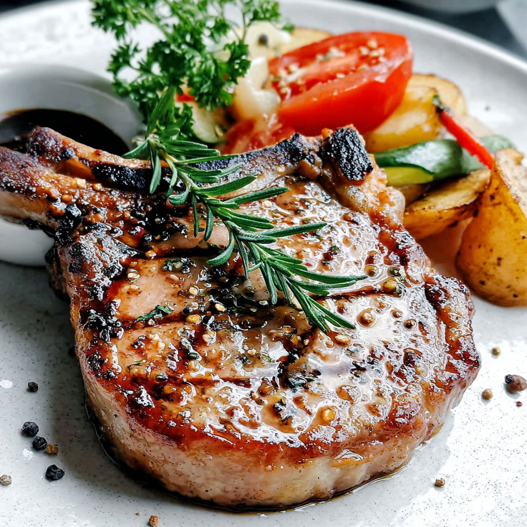 A plate of food with a pork chop, tomatoes, potatoes, and herbs.