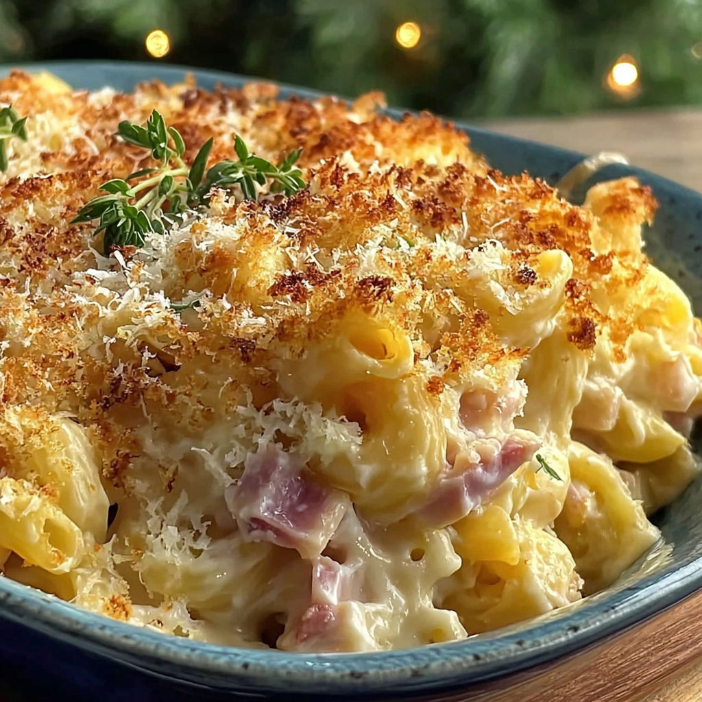 A bowl of pasta with cheese and bacon.