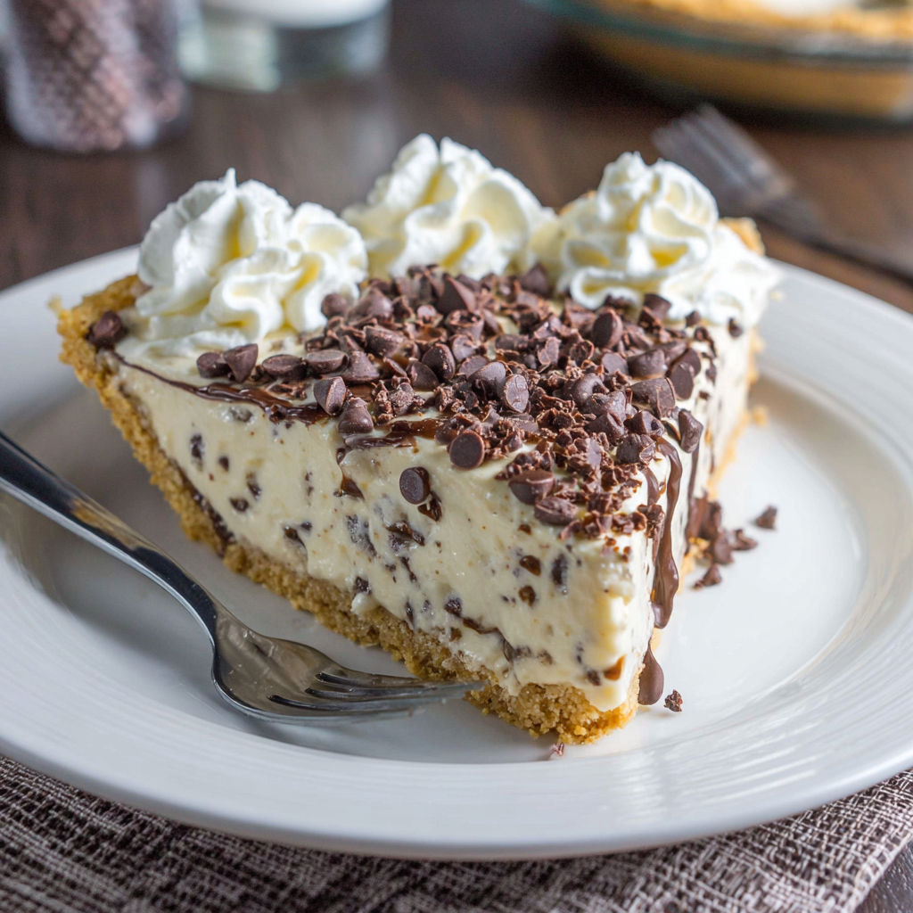 A slice of pie with chocolate chips and whipped cream.