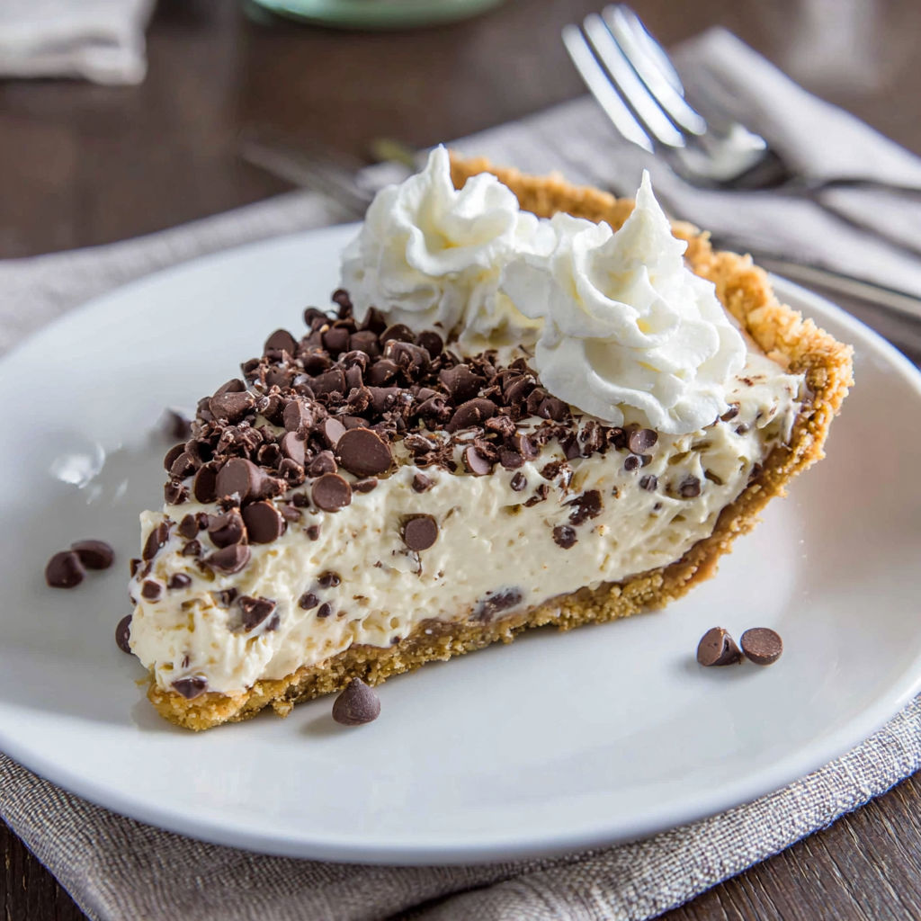 A slice of pie with chocolate chips and whipped cream.
