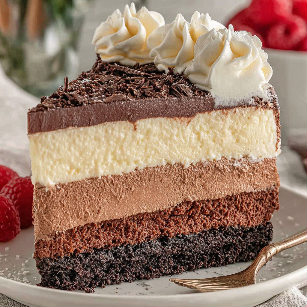 A slice of chocolate and vanilla cake.