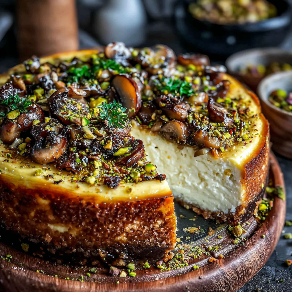 A slice of cheesecake with mushrooms on top.