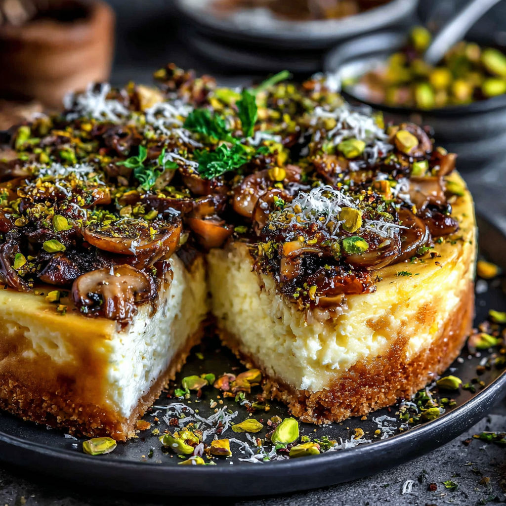 A slice of cheesecake with mushrooms on top.