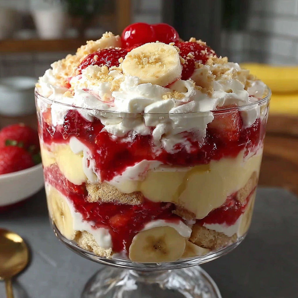 A dessert recipe with bananas, strawberries, and whipped cream.