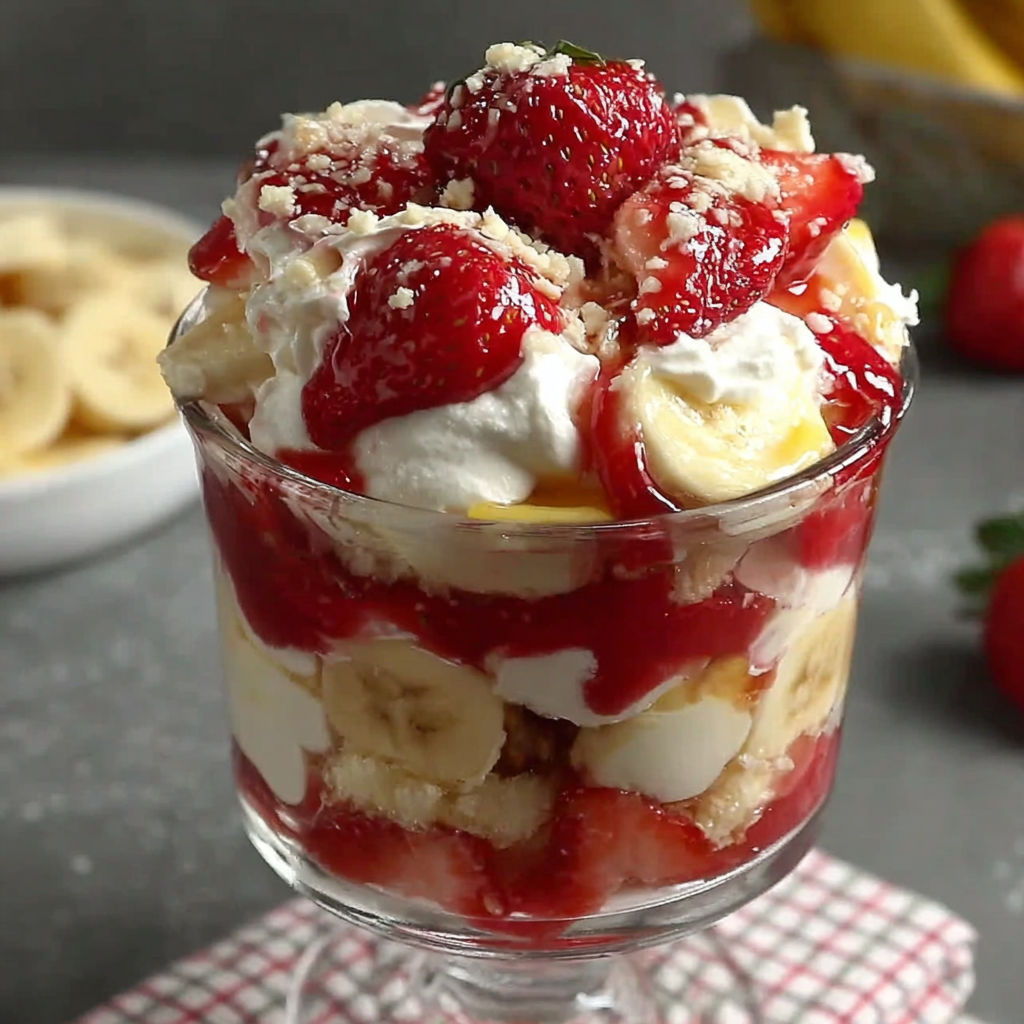 A glass bowl filled with strawberries and bananas.