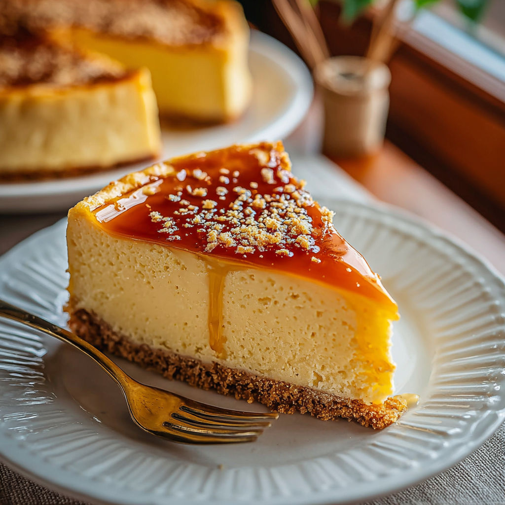 A slice of cheesecake on a plate.