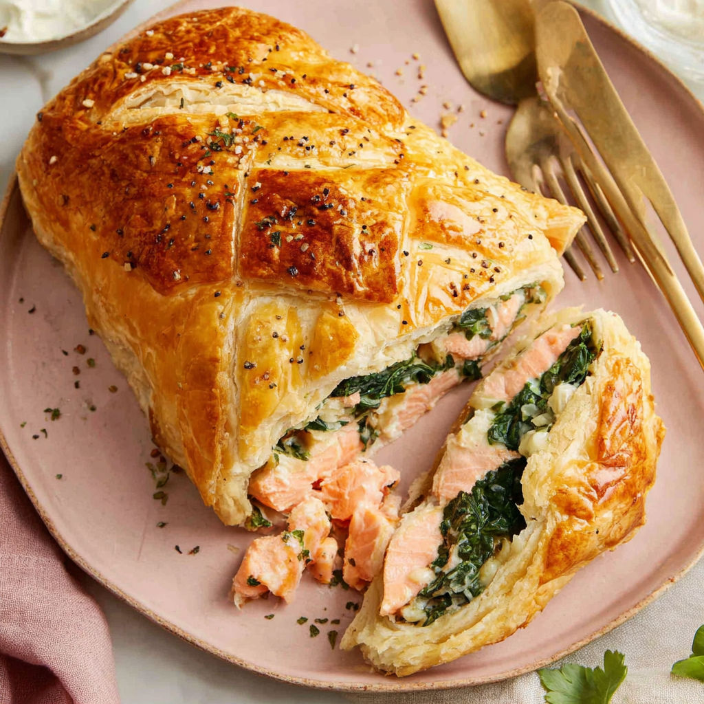 A pastry with salmon and greens.