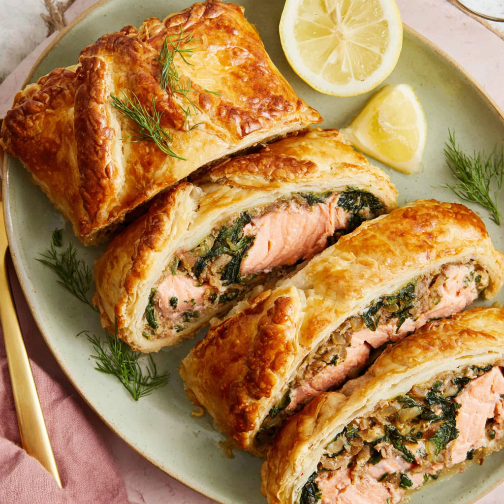 A plate of food with a pastry and a lemon wedge.