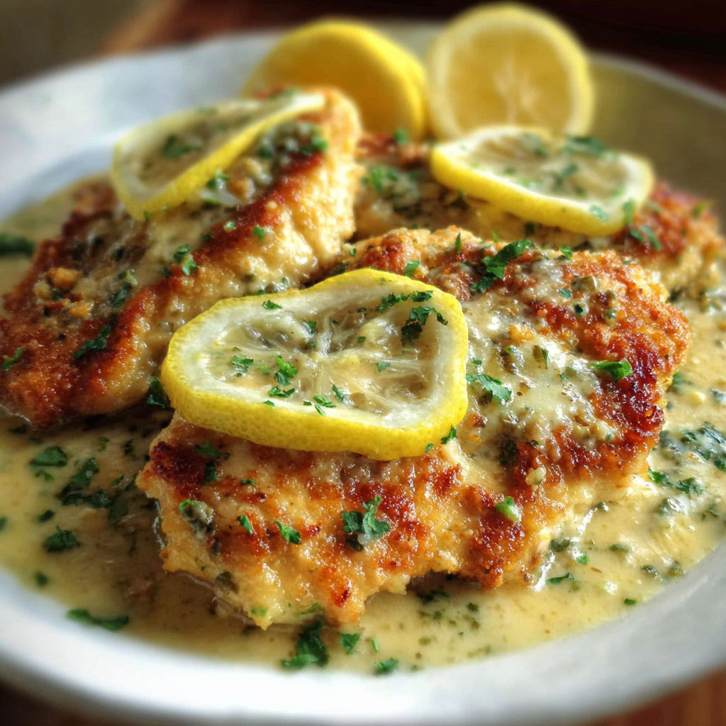 A plate of chicken with lemon wedges on top.