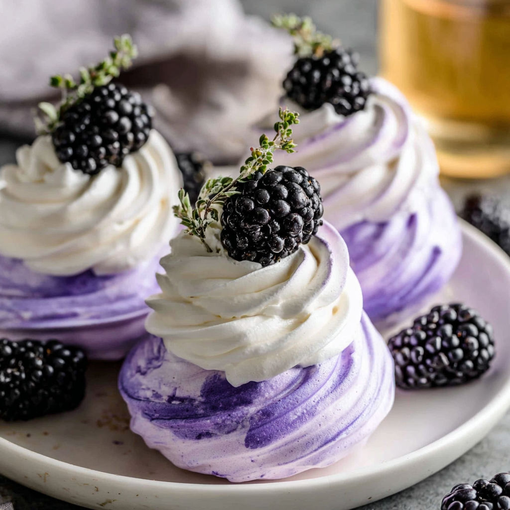 A dessert with blackberries and whipped cream.