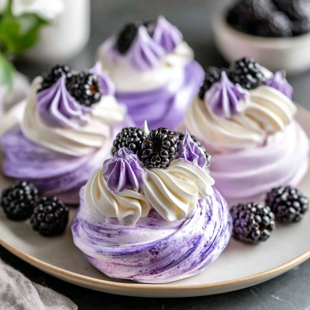 A plate of desserts with purple frosting and blackberries.