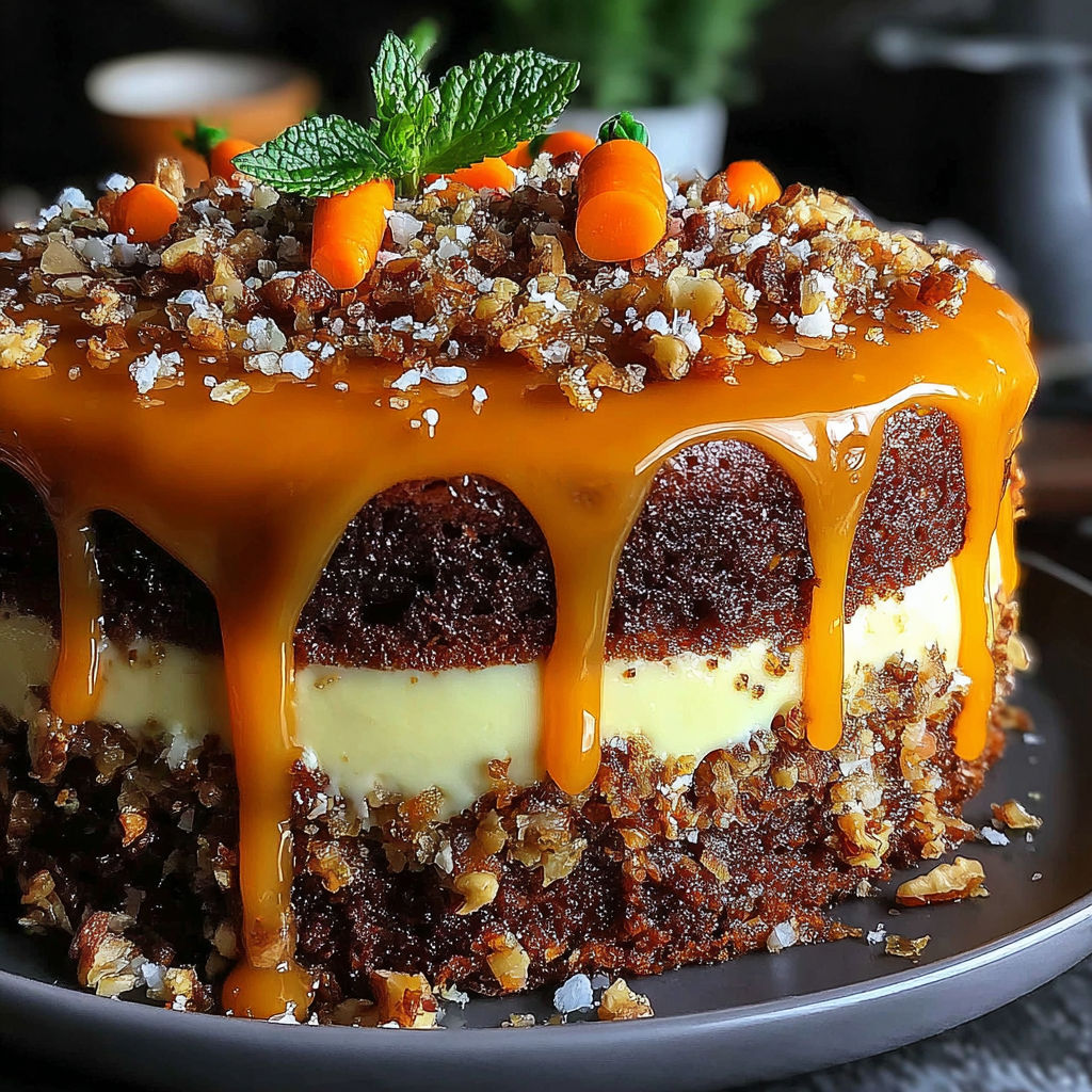 A cake with caramel icing and nuts on top.