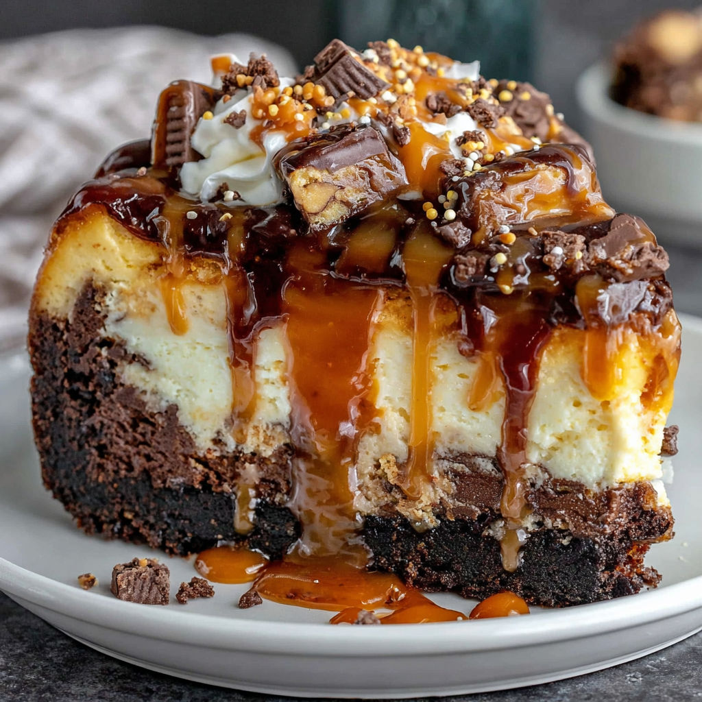 A slice of cake with chocolate and caramel sauce.