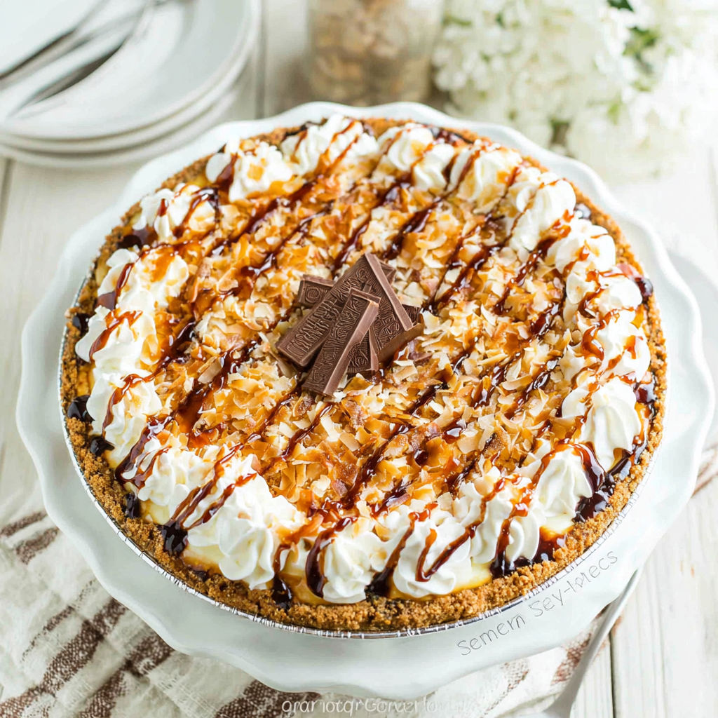 A slice of pie with chocolate and coconut toppings.