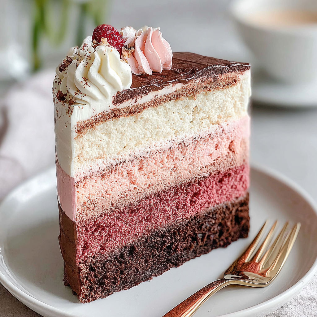 A slice of cake with white frosting and pink frosting.