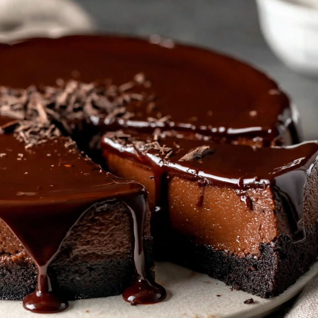 A slice of chocolate cake with chocolate drizzle.