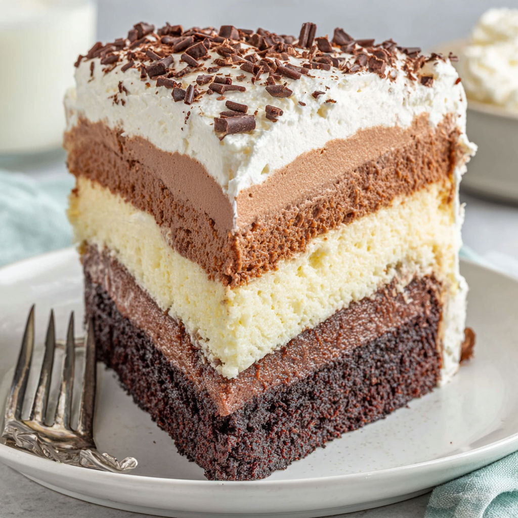 A slice of chocolate cake with white frosting.