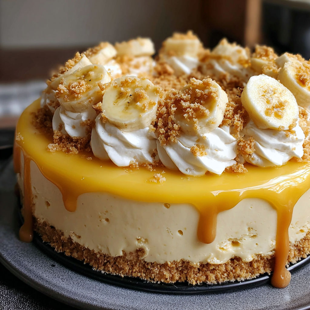 A slice of banana cream pie with a drizzle of caramel.