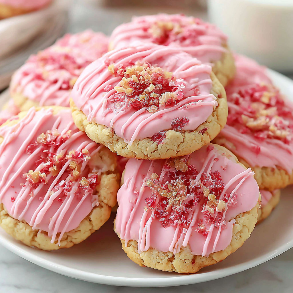 A plate of pink cookies with white frosting.