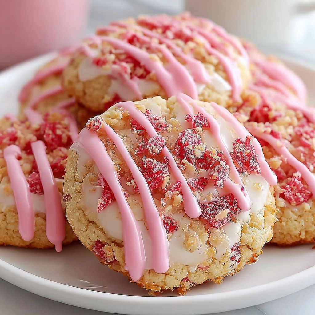A plate of cookies with pink frosting.