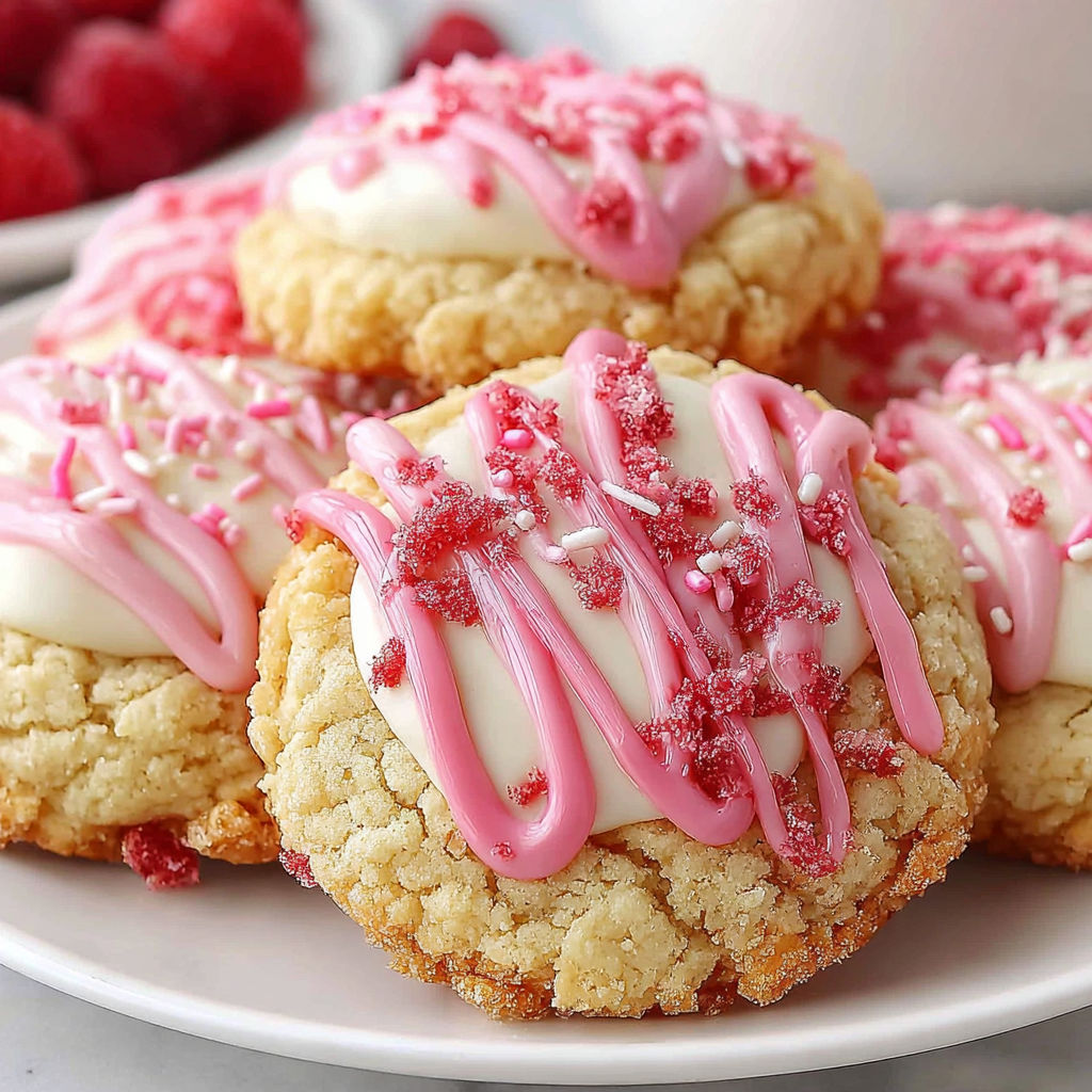 A plate of cookies with pink frosting and sprinkles.