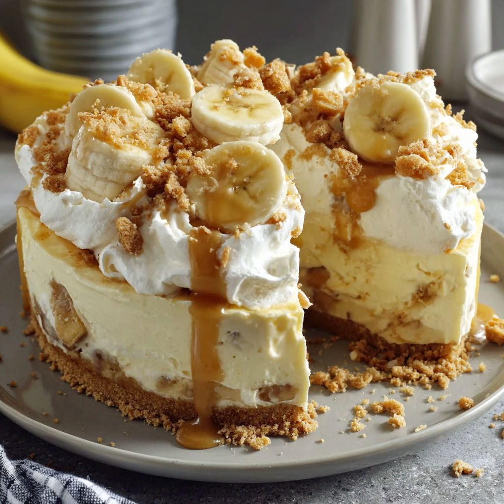 A slice of banana cream pie with a caramel sauce drizzle.