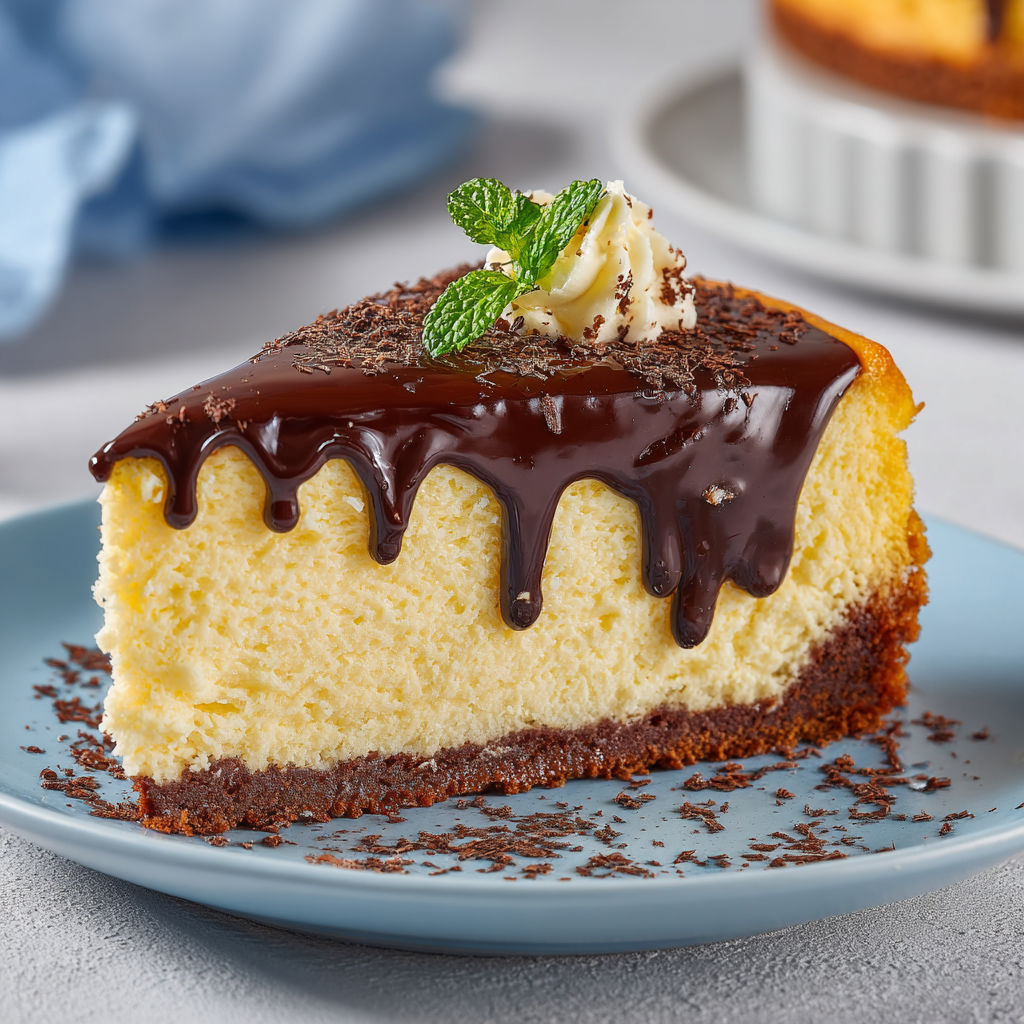 A slice of cake with chocolate drizzle.