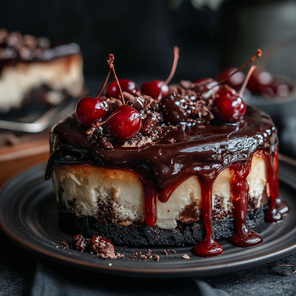 A slice of cake with chocolate and cherries.