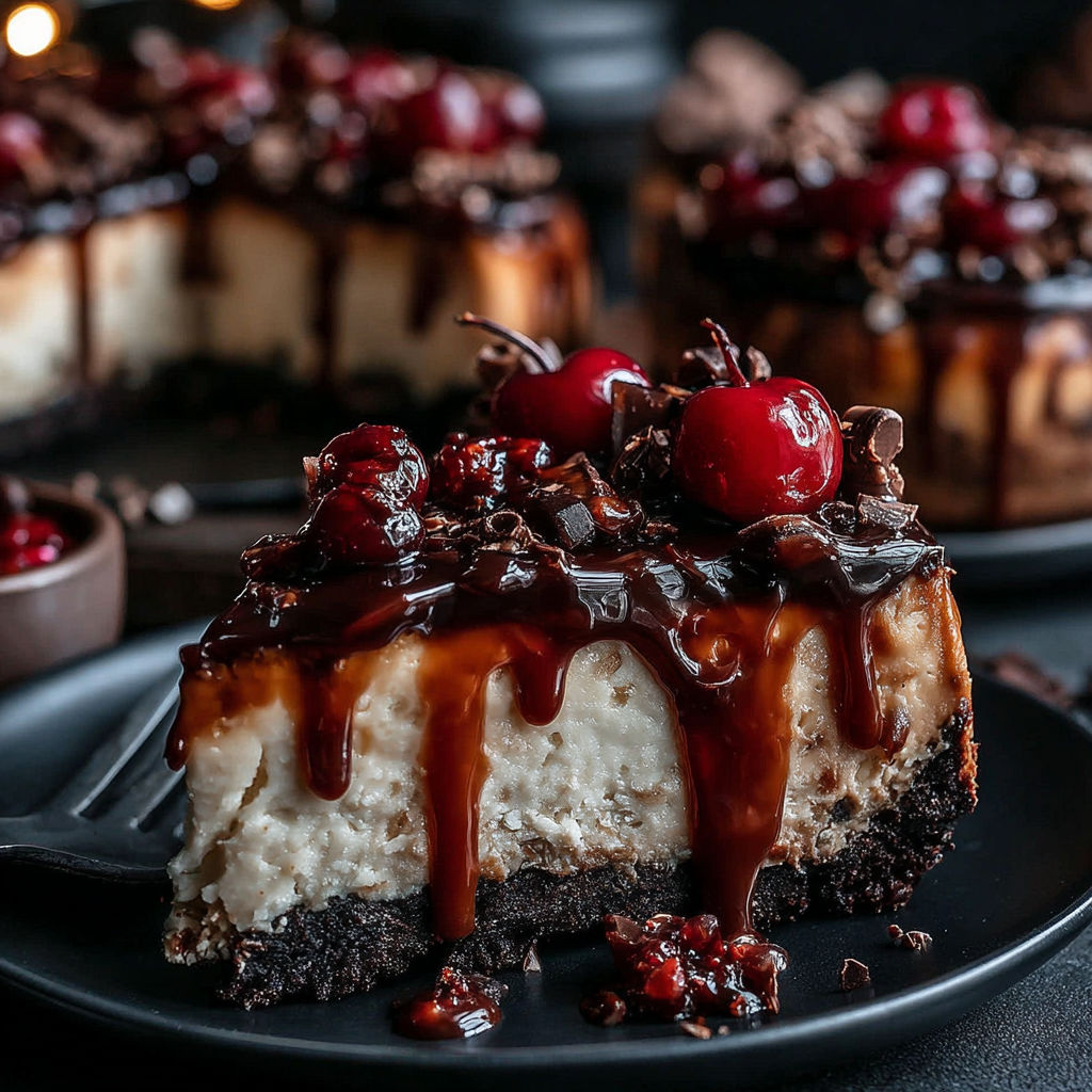 A slice of cheesecake with chocolate drizzle and cherries.