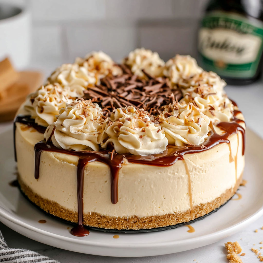 A slice of cheesecake with chocolate drizzle.