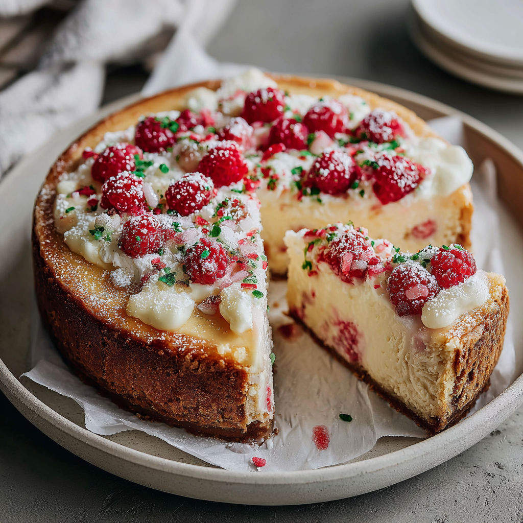 A slice of cake with white frosting and red raspberries.
