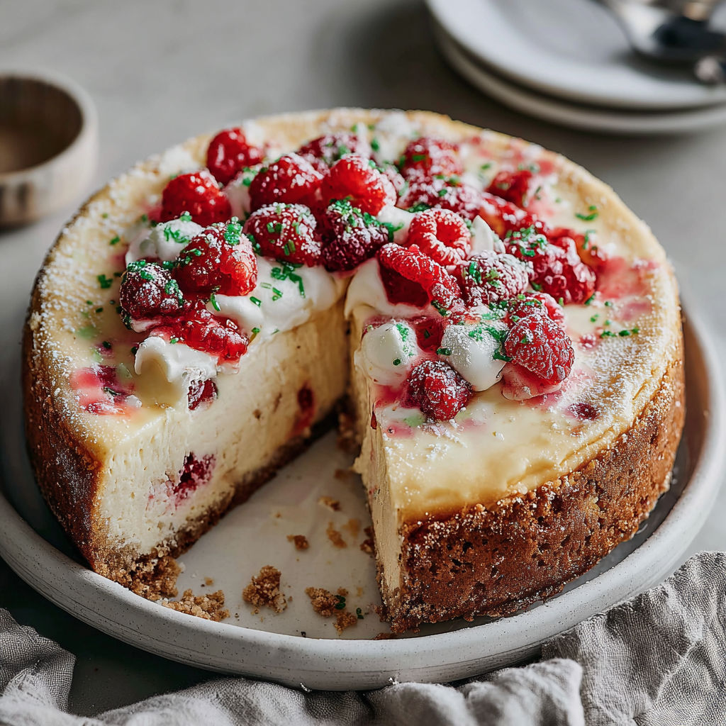 A slice of cake with raspberries on top.