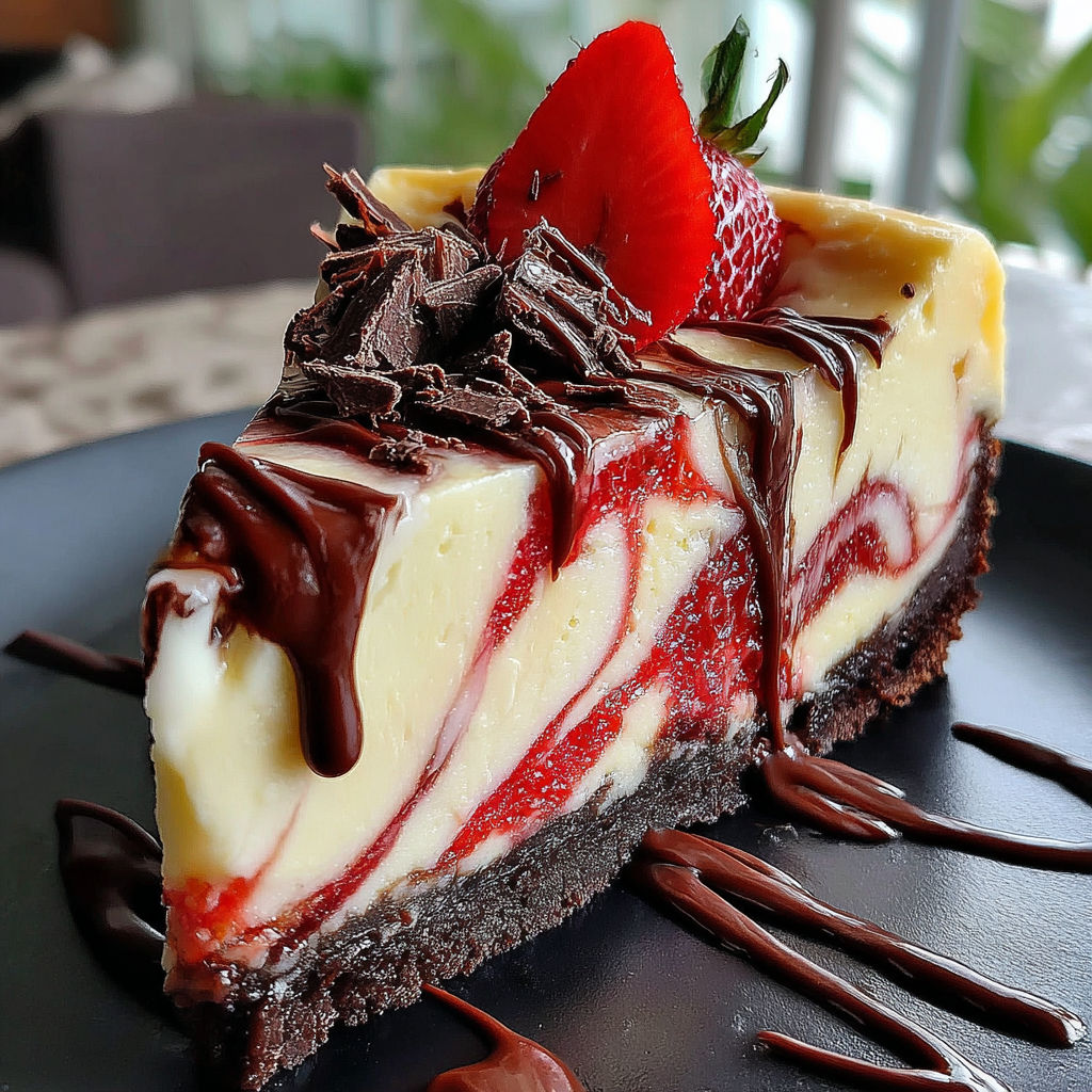 A slice of cake with chocolate and strawberry toppings.