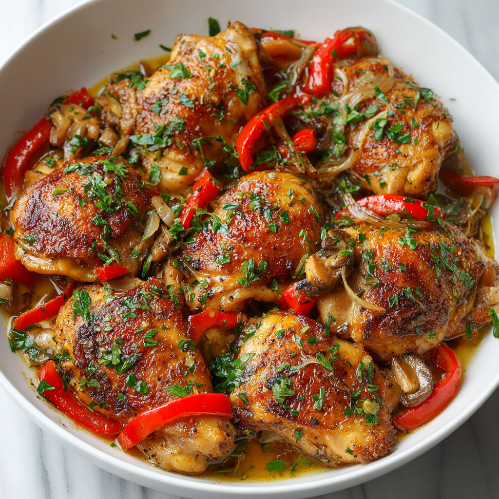 A bowl of chicken with peppers and onions.