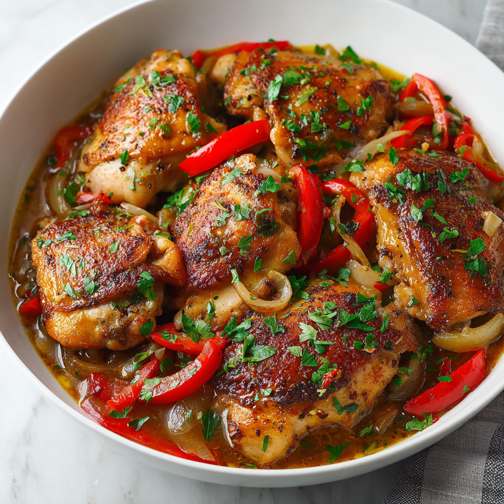A bowl of chicken with peppers and onions.