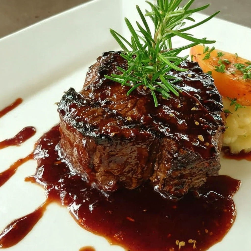 A piece of meat with a sprig of parsley on top.