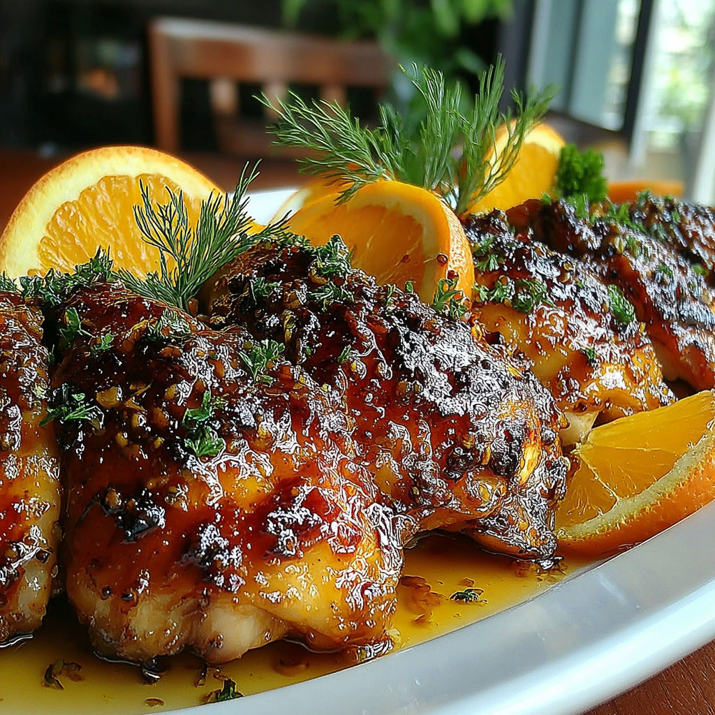 A plate of food with chicken and oranges.