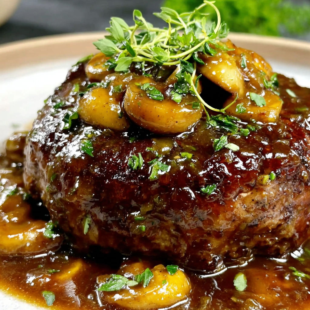 A close up of a meat dish with mushrooms and herbs.