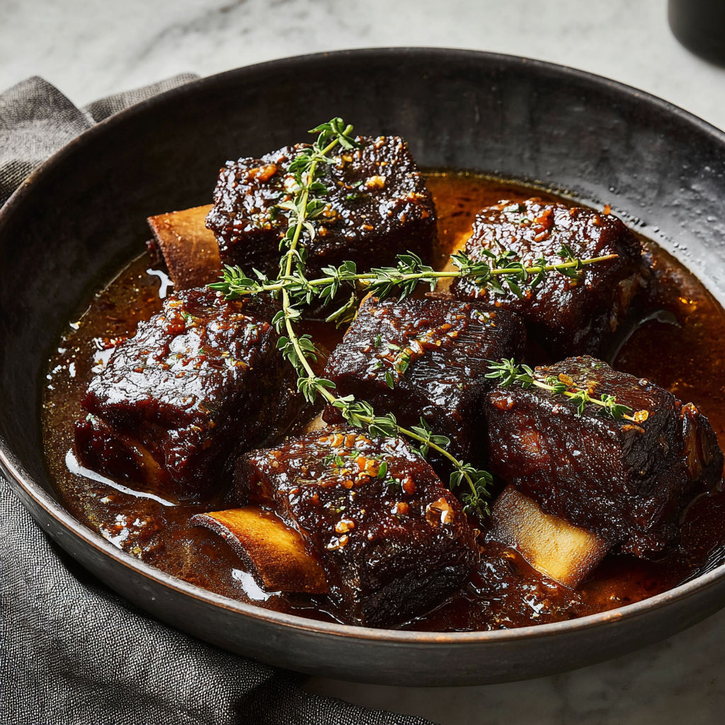 A bowl of meat with herbs on top.