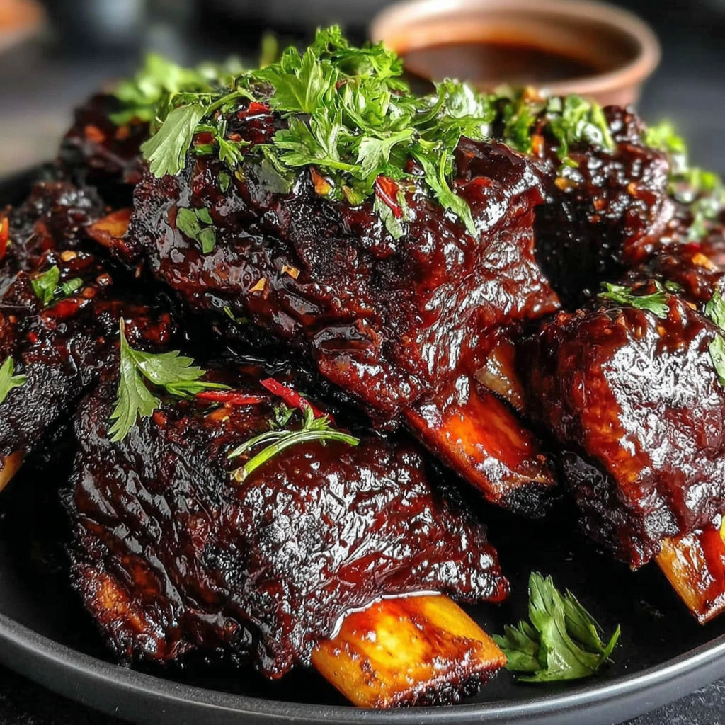 A plate of ribs with a sauce on top.