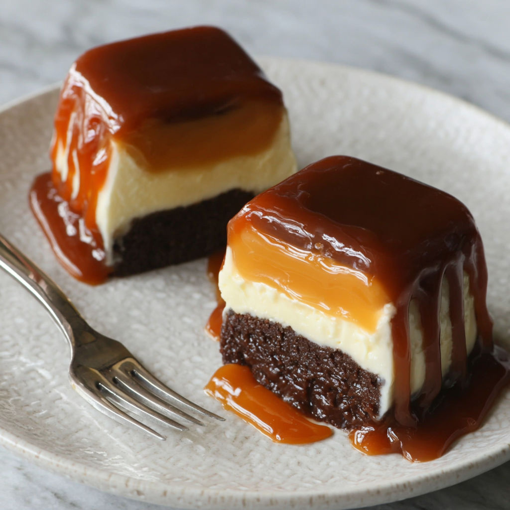 A plate with two desserts on it.