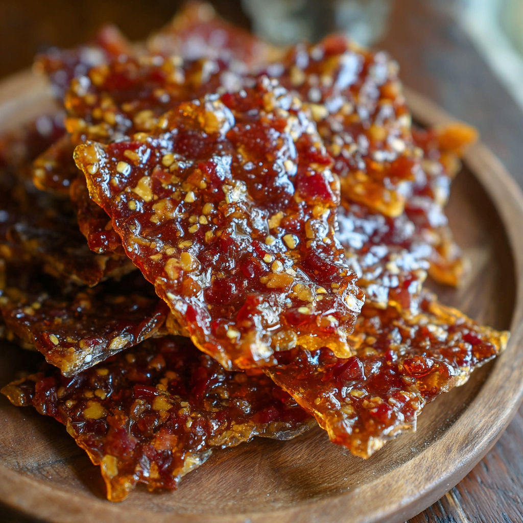A wooden tray with a stack of dried fruit.