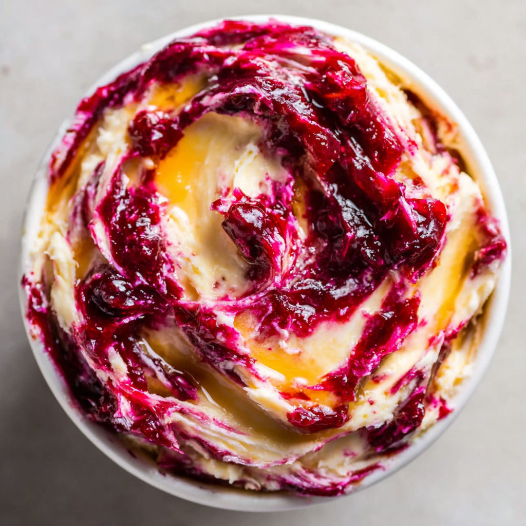 A bowl of red and white cream.