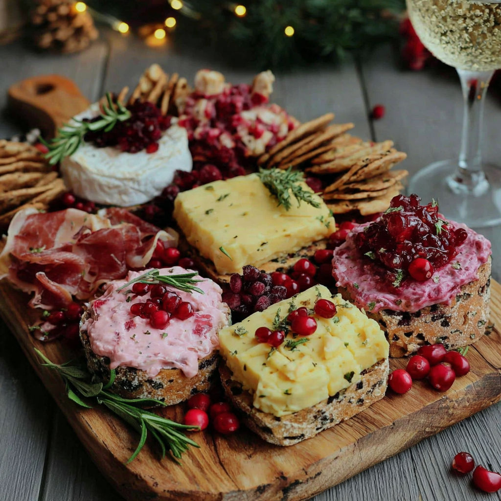 A wooden platter with a variety of food items.