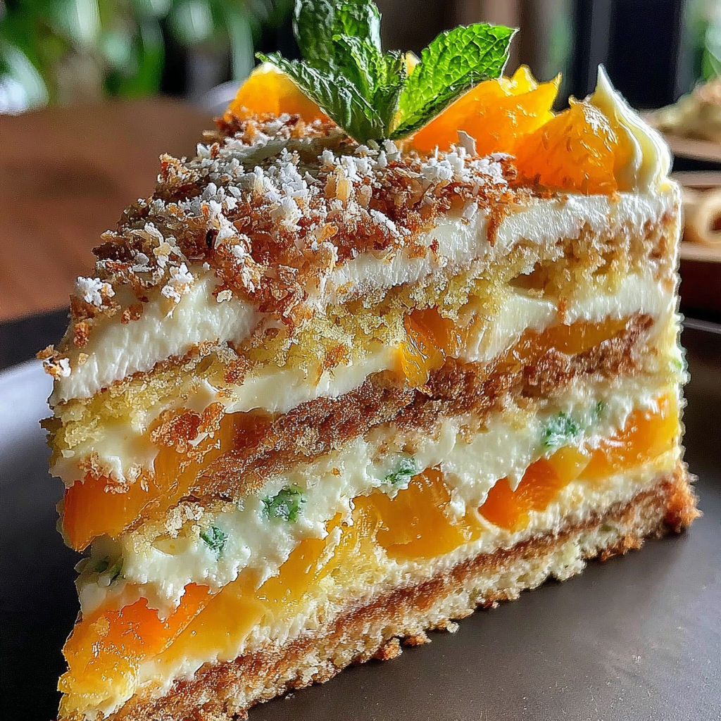 A slice of cake with a green leaf on top.
