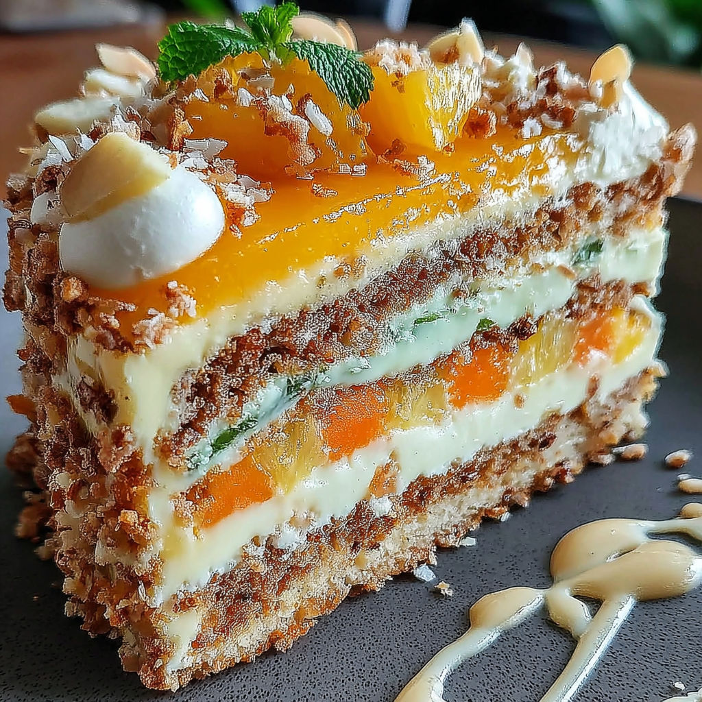 A slice of cake with a white frosting and a mint garnish.