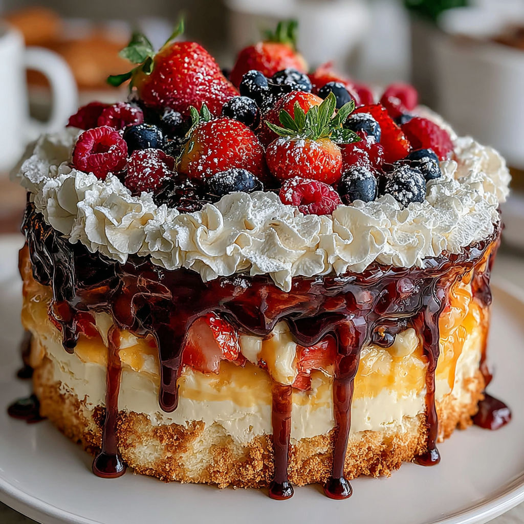 A cake with strawberries and blueberries on top.
