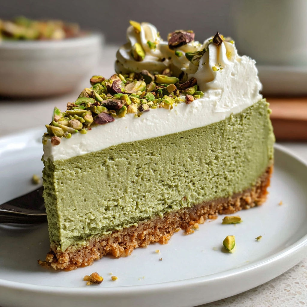 A slice of green cheesecake with a fork on a plate.
