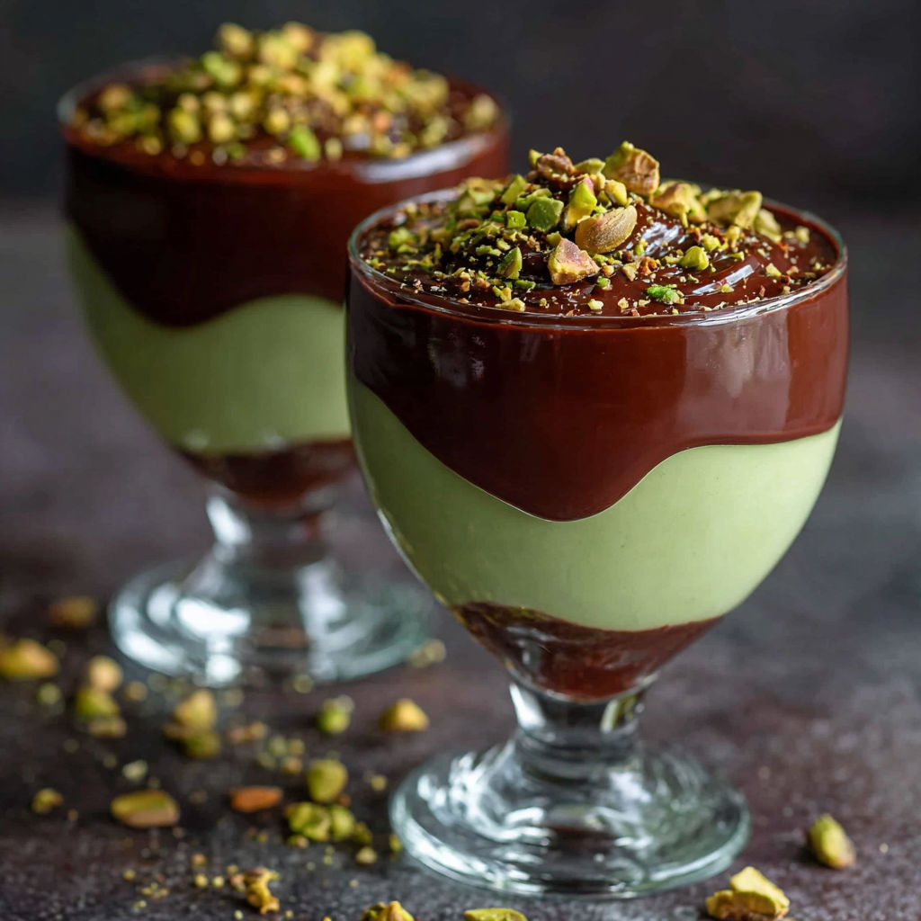 Two glasses of chocolate and pistachio dessert.