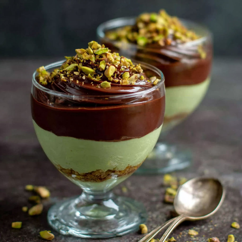 Two glasses of chocolate dessert with almonds on top.